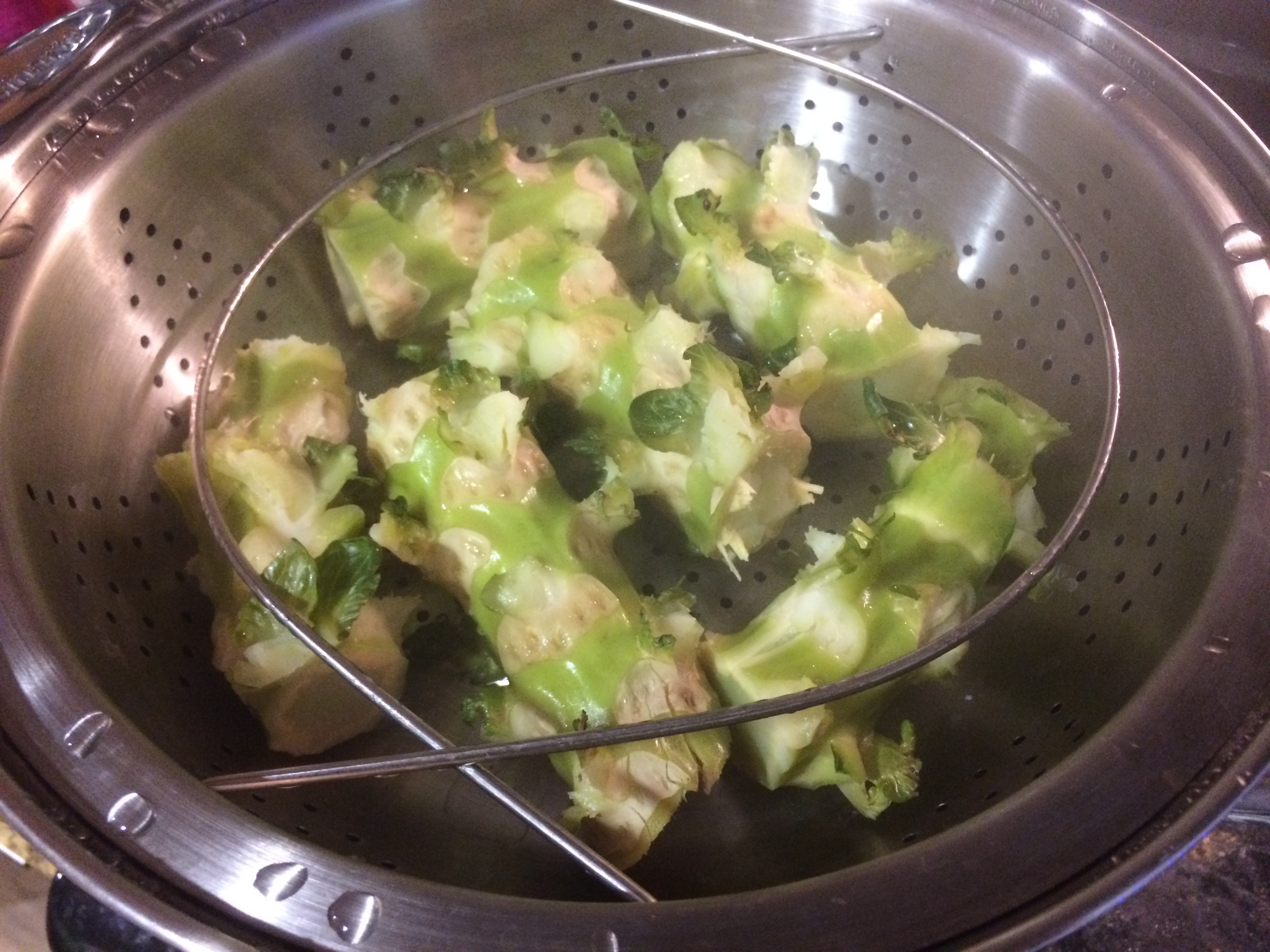 Brussels sprout stalk pieces after 15 minutes of steaming