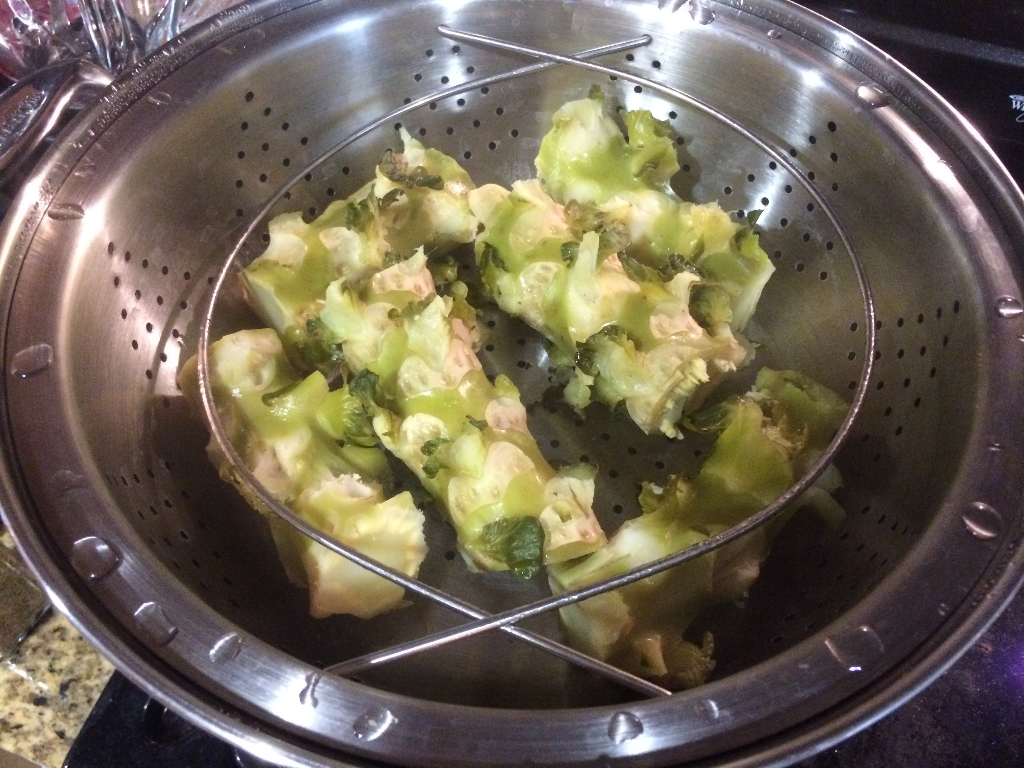 Brussels sprout stalk pieces after 30 minutes of steaming